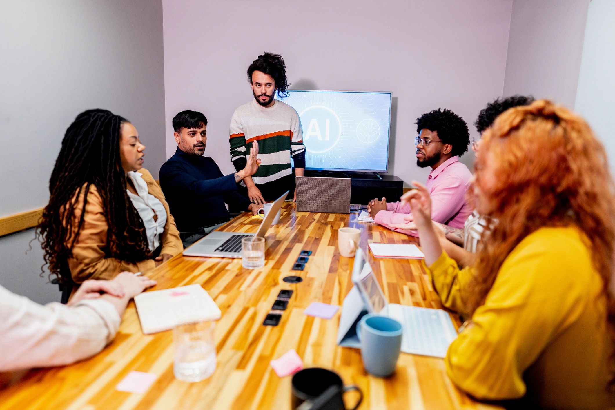 Team members collaborating during a meeting